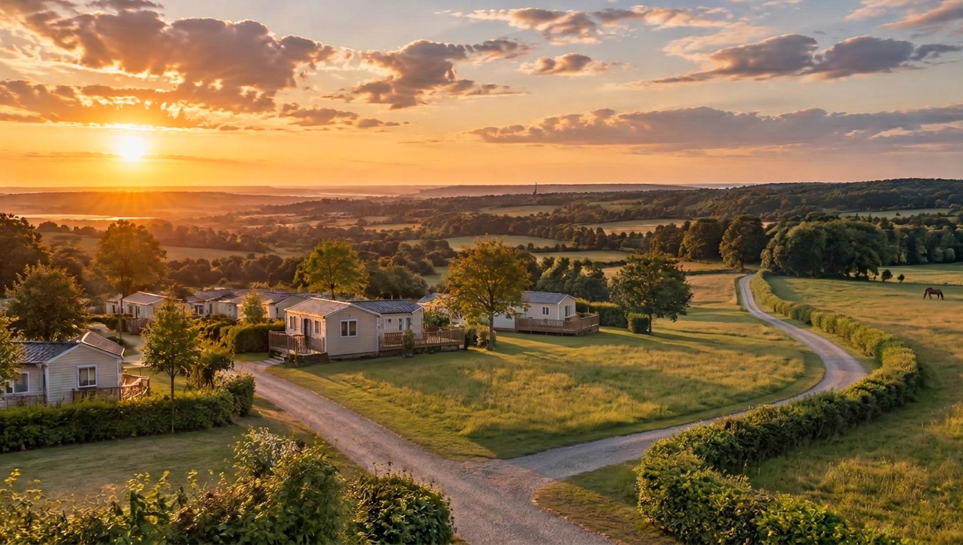 Chalets in rolling green hills bathed in the warm light of the setting sun